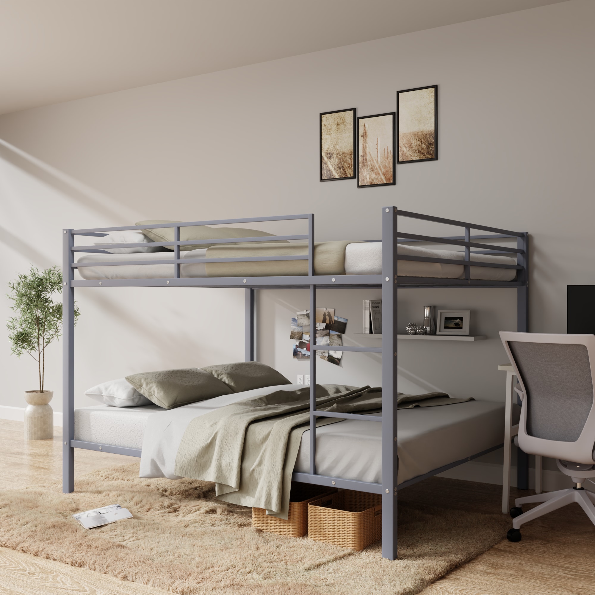 Full Over Full Bunk Bed, Heavy Duty Metal Bunk Bed Frame With Built-in Ladder And Safety Guard Rail, Low Metal Bunk Bed Frame For Kids, No Boxspring Required, For Small Spaces,Gray_voghion.com